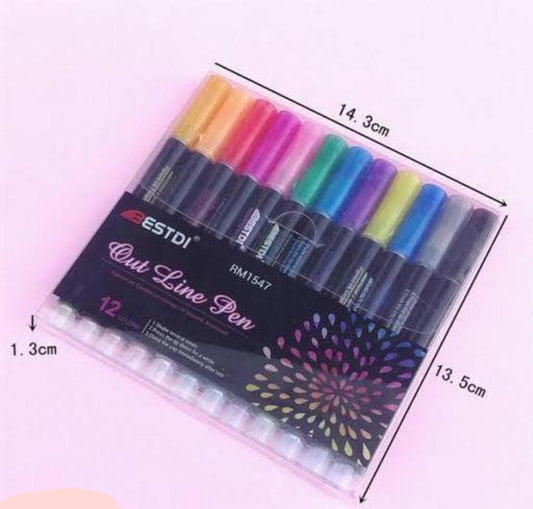 Asera Double Effect Outliner Pen 12 Colors Self-Outline Metallic Markers Glitter Art and Craft Pen Writing Drawing Pens Stationery