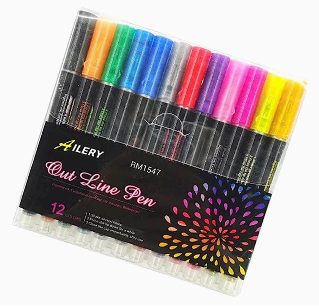 Asera Double Effect Outliner Pen 12 Colors Self-Outline Metallic Markers Glitter Art and Craft Pen Writing Drawing Pens Stationery