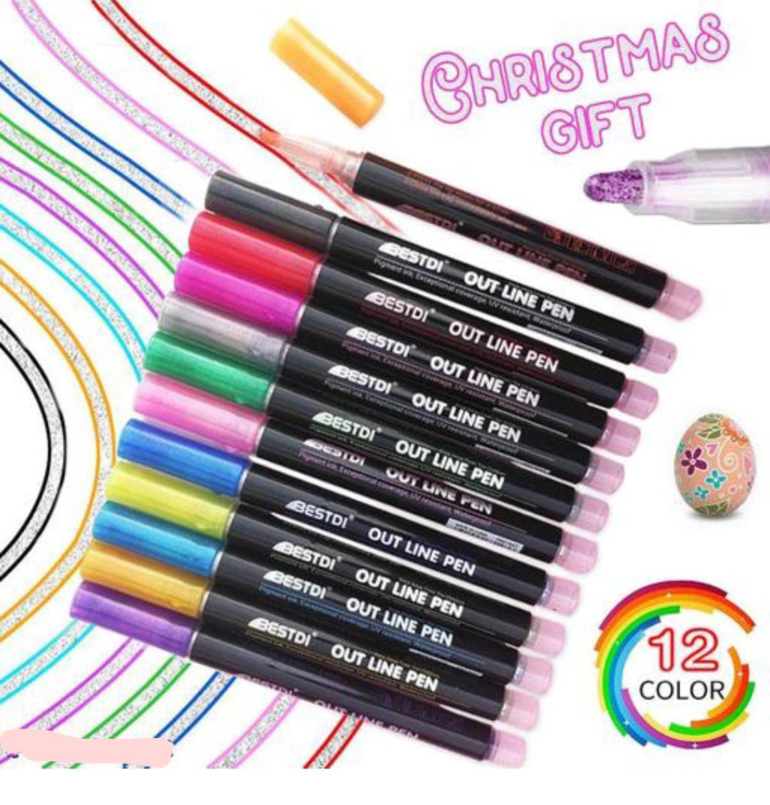 Asera Double Effect Outliner Pen 12 Colors Self-Outline Metallic Markers Glitter Art and Craft Pen Writing Drawing Pens Stationery